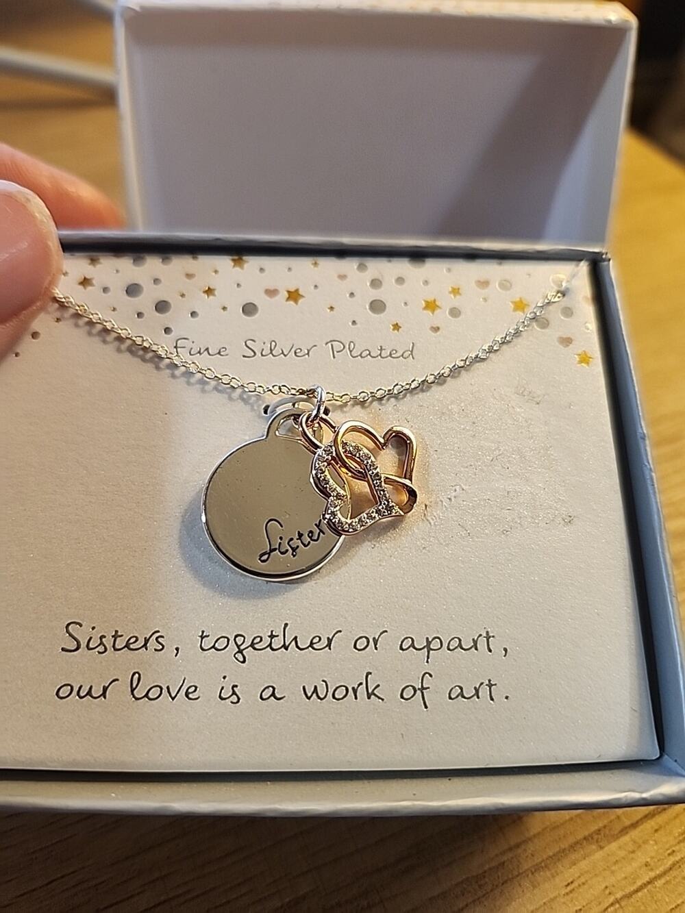 Sisters Together or Apart Silver Color Necklace Rose Gold Color Double Heart Pen